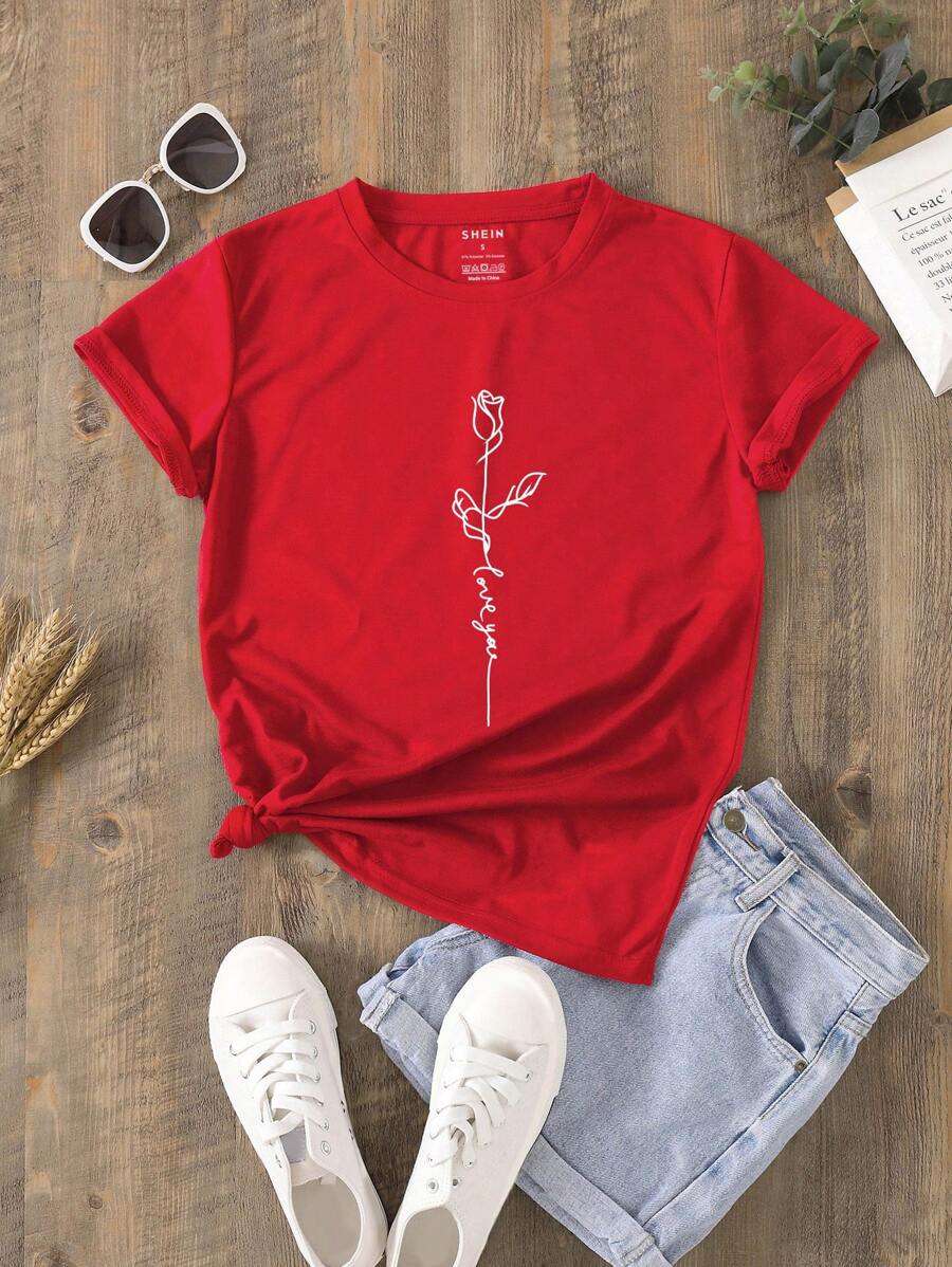 SHEIN LUNE Floral And Letter Graphic Tee - Red - View 1