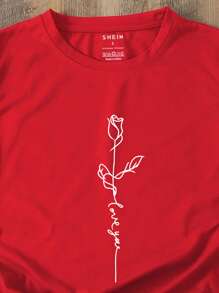 SHEIN LUNE Floral And Letter Graphic Tee - Red - View 3