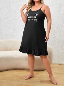 大碼卡通和字母圖案荷葉邊吊帶睡裙 - 黑色 - 查看 4