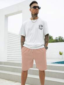 Manfinity Homme Quần Short Nam Dây kéo Túi màu trơn Giải trí - Màu Cam san hô - Xem 3