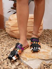 Women Color Block Snakeskin Embossed Sandals, Fashionable Summer Flat Sandals - Multicolor - View 2