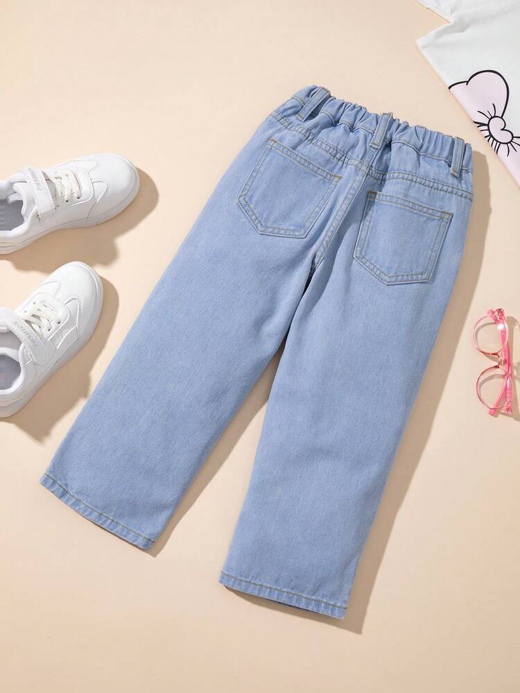 Young Girl Butterfly Print Straight Leg Jeans - Light Wash - View 2