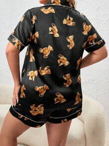 Plus Bear Print Contrast Piping PJ Set / Pajama Set - Black - View 3