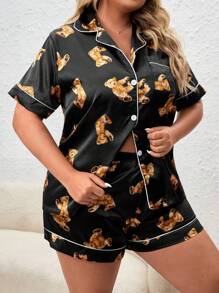 Plus Bear Print Contrast Piping PJ Set / Pajama Set - Black - View 5