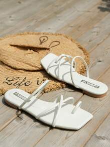 女士夏季平底凉鞋，时尚白色方头舒适系带一脚蹬拖鞋，女士家居/街头穿着拖鞋