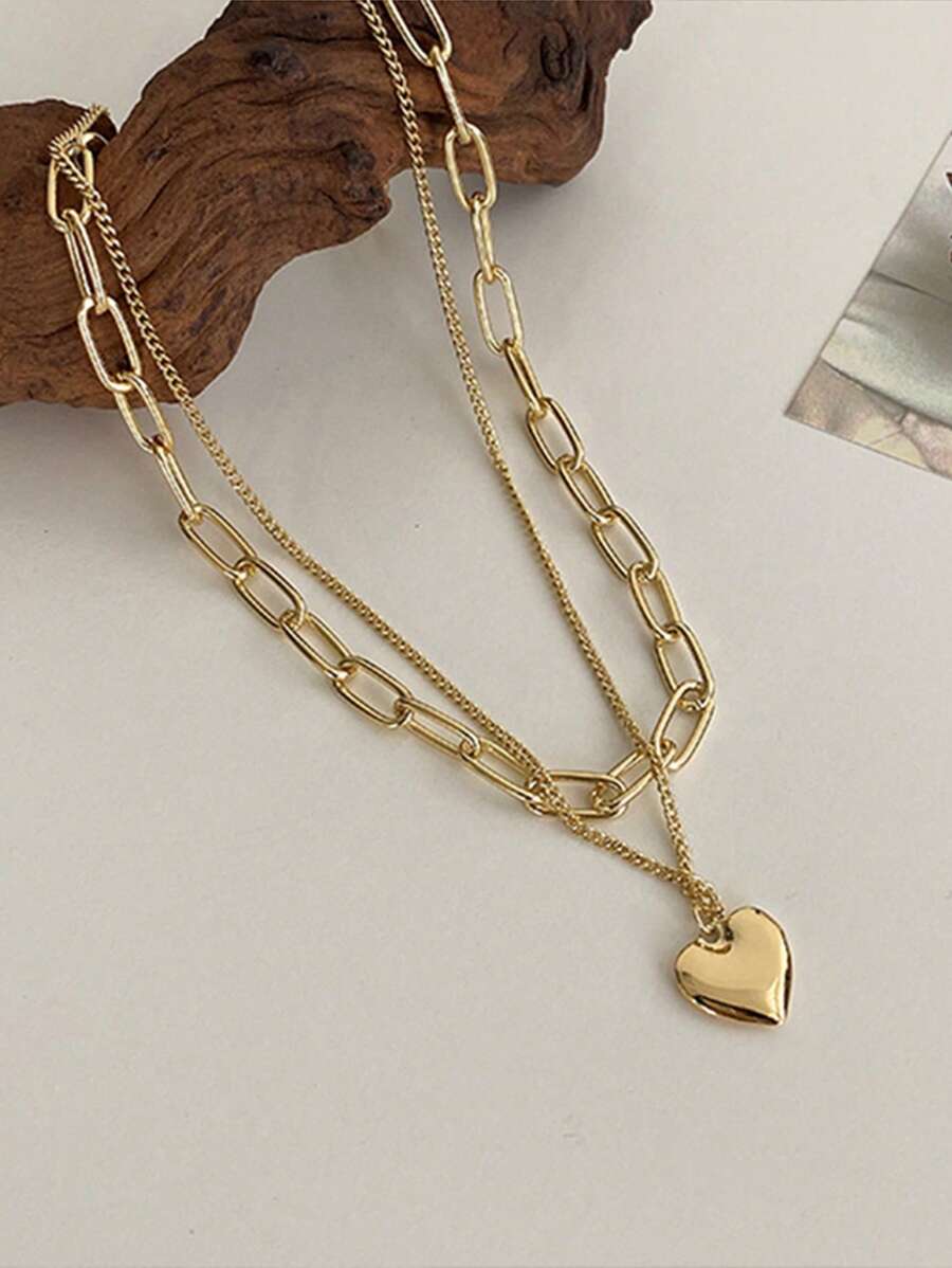 1 件心形双层心形吊坠链项链情人节、妈妈、母亲、母亲节、礼物 - 金黃色 - 查看 1