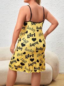 Plus Heart & Letter Graphic Contrast Binding Cami Nightdress - Yellow - View 2