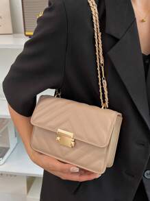 Mini Chevron Square Bag Flap Metal Decor Khaki - Khaki - View 1