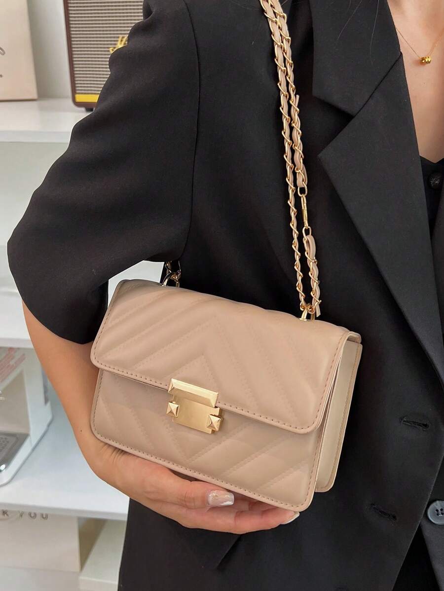 Mini Chevron Square Bag Flap Metal Decor Khaki - Khaki - View 1