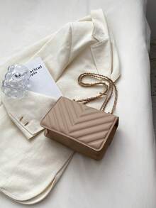 Mini Chevron Square Bag Flap Metal Decor Khaki - Khaki - View 2