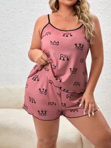 Plus Crown Print Contrast Binding Cami Top & Shorts PJ Set - Dusty Pink - View 3