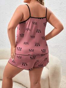 Plus Crown Print Contrast Binding Cami Top & Shorts PJ Set - Dusty Pink - View 2