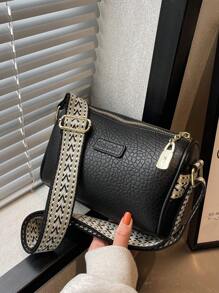 Letter Patch Decor Hobo Bag Zipper Black Dây đeo có thể điều chỉnh - màu đen - Xem 5