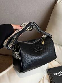 Letter Patch Decor Hobo Bag Zipper Black Dây đeo có thể điều chỉnh - màu đen - Xem 6
