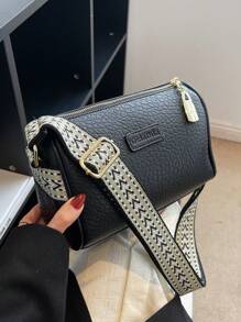 Letter Patch Decor Hobo Bag Zipper Black Dây đeo có thể điều chỉnh - màu đen - Xem 7