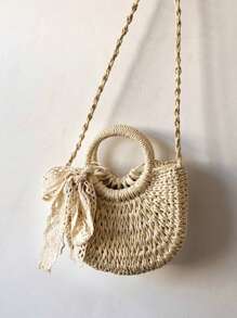 時尚沙灘手提包,採用編織稻草材料,附有女士手提袋配件 - 米色 - 查看 1