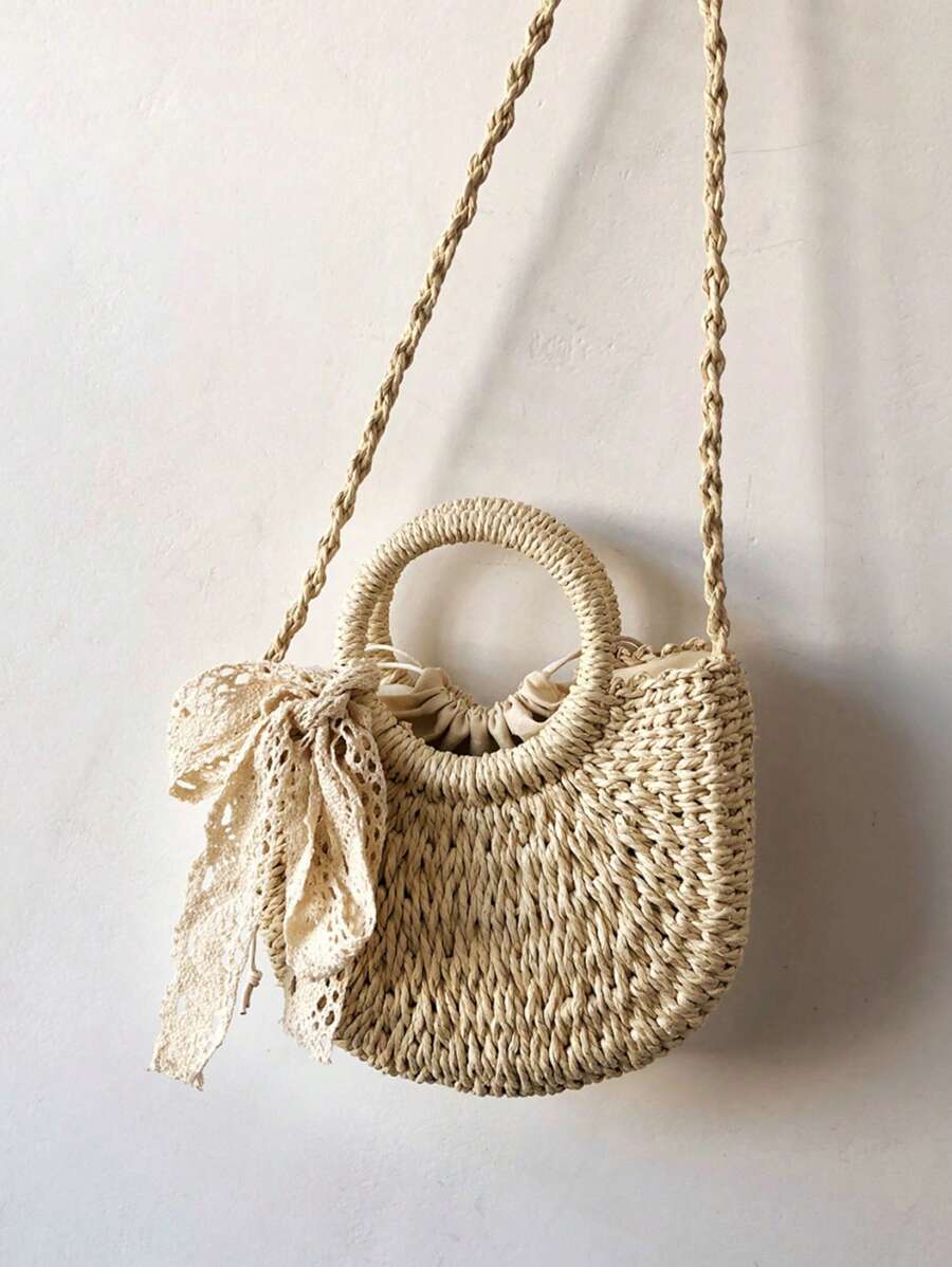 時尚沙灘手提包,採用編織稻草材料,附有女士手提袋配件 - 米色 - 查看 1