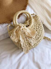 時尚沙灘手提包,採用編織稻草材料,附有女士手提袋配件 - 米色 - 查看 2