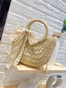 時尚沙灘手提包,採用編織稻草材料,附有女士手提袋配件 - 米色 - 查看 3