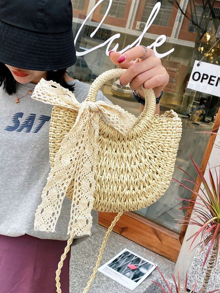 時尚沙灘手提包,採用編織稻草材料,附有女士手提袋配件 - 米色 - 查看 4