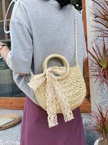 時尚沙灘手提包,採用編織稻草材料,附有女士手提袋配件 - 米色 - 查看 6
