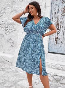 SHEIN LUNE Đầm Plus Size Trọn gói Tách cao Họa tiết hoa Boho - Xanh và trắng - Xem 3