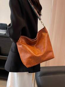 Minimalistisch Hobo Tasche Mittel Braun Vintage, Druckknopf, Vintage Muster, Quadrat, Schultertasche, Frauen Klappe, Drehverschluss, Kettentasche & Schal Dekor