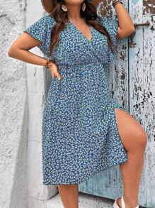 SHEIN LUNE Đầm Plus Size Trọn gói Tách cao Họa tiết hoa Boho - Xanh và trắng - Xem 4