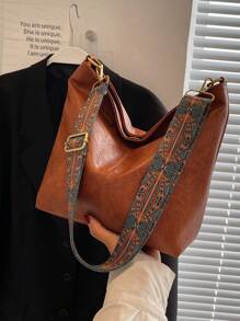 Minimalistisch Hobo Tasche Mittel Braun Vintage, Druckknopf, Vintage Muster, Quadrat, Schultertasche, Frauen Klappe, Drehverschluss, Kettentasche & Schal Dekor