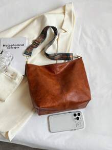 Minimalistisch Hobo Tasche Mittel Braun Vintage, Druckknopf, Vintage Muster, Quadrat, Schultertasche, Frauen Klappe, Drehverschluss, Kettentasche & Schal Dekor