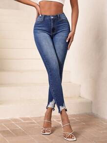 SHEIN Essnce Ripped Raw Hem Skinny Jeans - Medium Wash - View 1