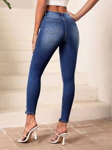 SHEIN Essnce Ripped Raw Hem Skinny Jeans - Medium Wash - View 2