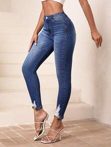 SHEIN Essnce Ripped Raw Hem Skinny Jeans - Medium Wash - View 3