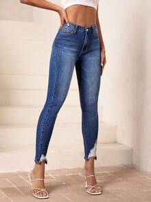 SHEIN Essnce Ripped Raw Hem Skinny Jeans - Medium Wash - View 6