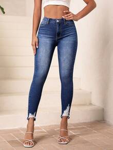 SHEIN Essnce Ripped Raw Hem Skinny Jeans - Medium Wash - View 7