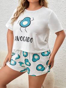 Plus Cartoon & Letter Graphic Tee & Shorts PJ Set - Multicolor - View 3