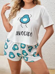 Plus Cartoon & Letter Graphic Tee & Shorts PJ Set - Multicolor - View 4