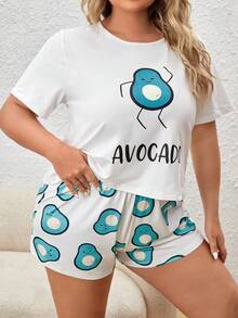 Plus Cartoon & Letter Graphic Tee & Shorts PJ Set - Multicolor - View 5