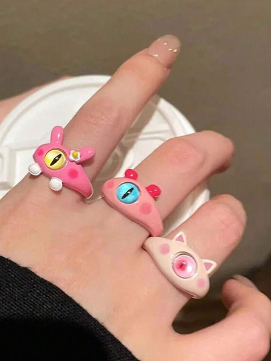3入組卡通動物裝飾戒指 - 彩色 - 查看 1
