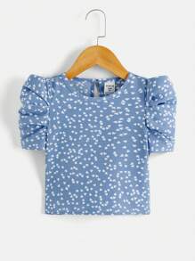 SHEIN Toddler Girls Allover Heart Print Puff Sleeve Blouse - Blue and White - View 1