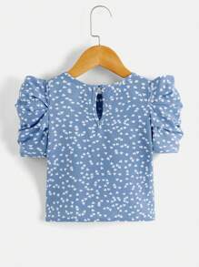 SHEIN Toddler Girls Allover Heart Print Puff Sleeve Blouse - Blue and White - View 2