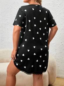 Vestido de dormir con estampado de corazón ribete con encaje - Negro - Ver 2