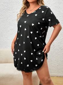 Vestido de dormir con estampado de corazón ribete con encaje - Negro - Ver 3