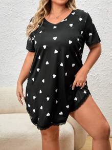 Vestido de dormir con estampado de corazón ribete con encaje - Negro - Ver 4