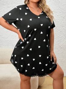 Vestido de dormir con estampado de corazón ribete con encaje - Negro - Ver 5