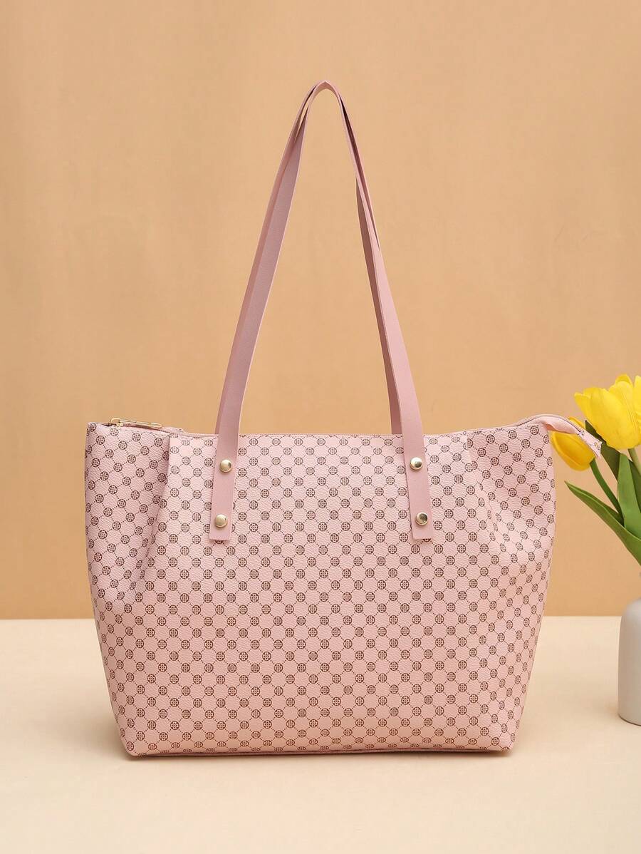 Túi tote đeo vai họa tiết hình học Tay cầm đôi - Hồng - Xem 1