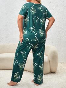 Plus Floral Print Tee & Trousers PJ Set - Dark Green - View 2