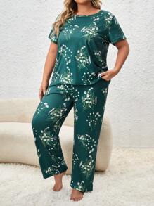 Plus Floral Print Tee & Trousers PJ Set - Dark Green - View 3