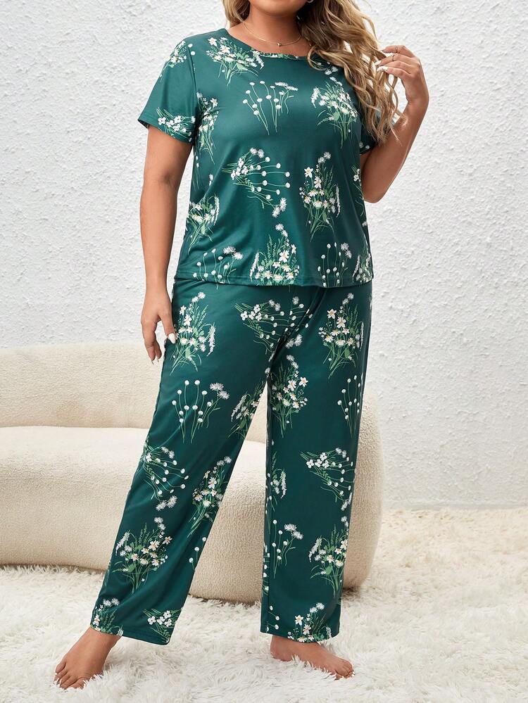 Plus Floral Print Tee & Pants PJ Set - Dark Green - View 4