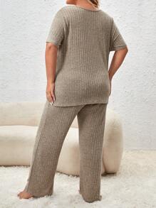 Ensemble de pyjama / pyjama en tricot côtelé grande taille - Kaki - Voir 2